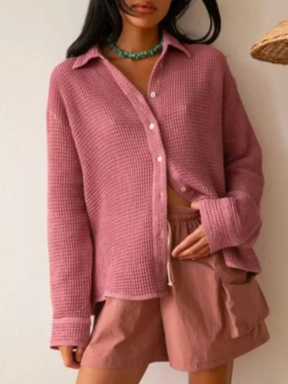 DONNI. Waffle Button Down Cotton Shirt Top in Rhubarb Pink XS $239